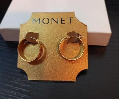 Monet Gold Colored Textured Hoop Pierced Earrings. New On Card. Costume Jewelry. • $10