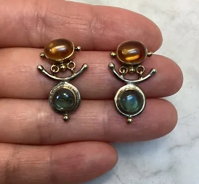 Vintage MICHOU Sterling Silver Citrine Blue Topaz Mayan Egyptian Earrings • $55