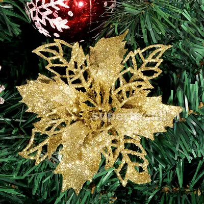 10 X Christmas Poinsettia Glitter Flower Tree Hanging Xmas Tree Party Decoration • $10.45