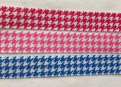 Dark Pink Light Pink Blue And White  Houndstooth Grosgrain Ribbon BTY  7/8   • $2