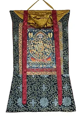 Bhavachakra Wheel Of Life Mandala Original Tibetan Thangka With Silk Brocade • $99.35