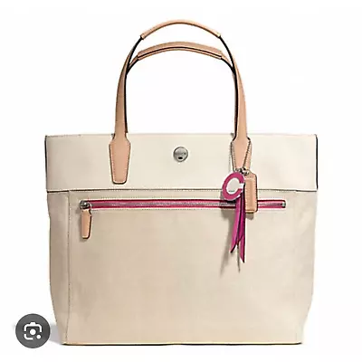 COACH RESORT Small Cream Glitter Canvas Tote W/Leather Trim F25461 • $59.50