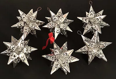 Punched TIN STARS Set (6) Mexican Tin Hanging Star Ornaments Silver Finish • $49.99