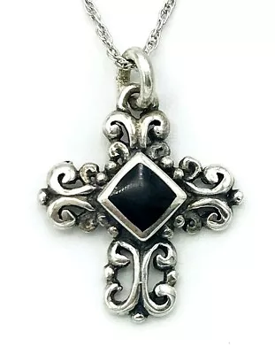 Vintage Sterling Silver Black Enamel Filigree Cross Pendant Necklace BAB Chain • $38