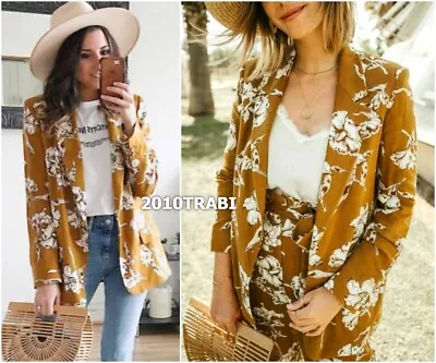 Zara Dark Mustard Floral Print Linen Blazer Jacket Size Xs Uk 8 • $74.66