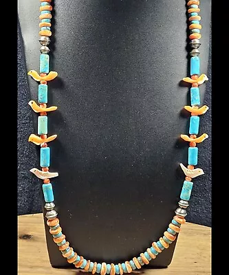 Sterling NAVAJO PEARL Spiny Oyster Native Bird Fetish Variscite Necklace VTG 21  • $45