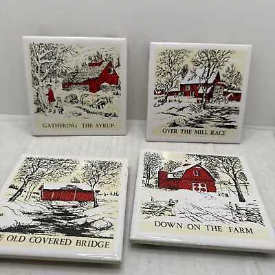 Vintage Tile Trivet Set Of 4 Country  Farm Winter Barns Red Ceramic Cool Taiwan • $4.99