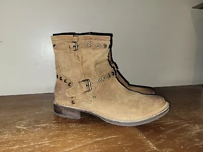 Women's Ugg Fabrizia Leather Moto Boots Brown Sz 9.5 Sheepskin Distressed • $29.99