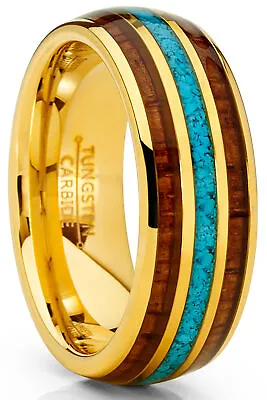 Men's Goldtone Tungsten Wedding Band Ring Koa Wood Turquoise 8MM • $16.99