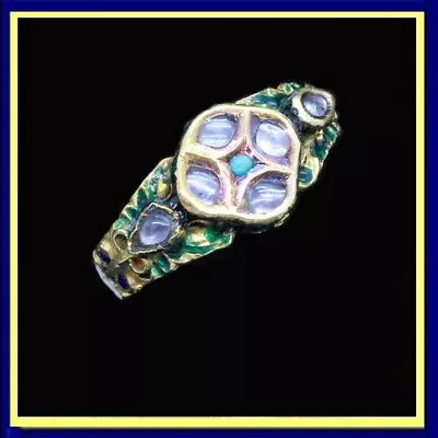 Antique Ring 20k Gold Enamel Turquoise Gems Rajastan India Unisex Man Woman(6820 • $1199