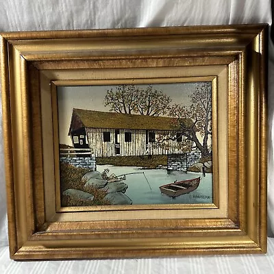 Framed Original H HARGROVE Signed Oil Painting Man Fishing Covered Bridge  • $29.99