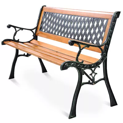 Patio Park Garden Bench Porch Resting Path Chair Outdoor Deck Cast Iron Hardwood • $129.99