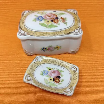 Trinket Box & Ring Dish Set Handpainted Floral Gold Porcelain VTG Occupied Japan • $24