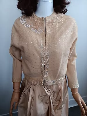 VTG 1950 Krishna Silk Lined Beaded Peach Cardigan Embroidered SOLD AS IS • $40
