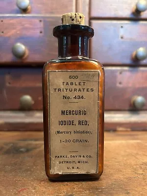 Mercury Antique Apothecary Bottle Paper Label Parke Davis Iodide Poison Mercuric • $11.50