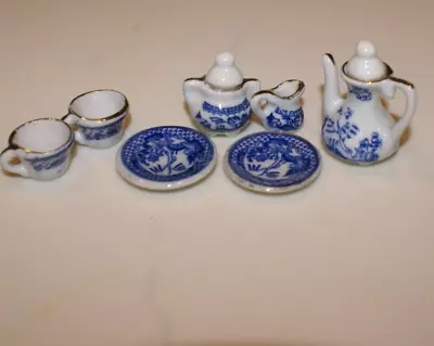 Vintage Chinese Miniature Hand Painted Blue Ceramic Tea Set Blue 9 PCS. • $15