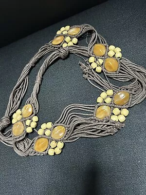 Boho Macrame Belt Braided Wood Bead & Plastic Beads Fringed Long 60’ Fits 36-40 • $28