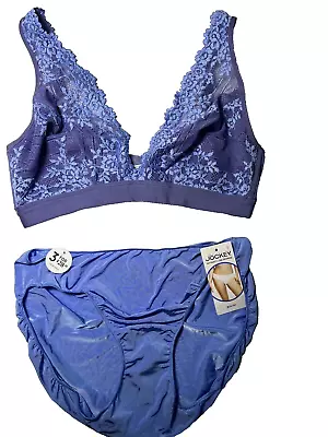 Wacoal Bra Embrace Lace 38 L Wire Free Blue Purple NWT Jockey Bikini Panty M Set • $28.99