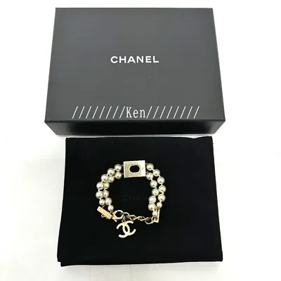 CHANEL Bracelet Bangle AUTH Coco CC Chain Vintage B17B Gold Pearl Logo Swing F/S • $839.99