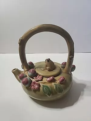 VINTAGE Majolica Style TEAPOT Frog Lid Grapes On Vine Green Glaze Tall Handle 3D • $15.95