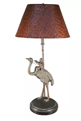 Vintage Maitland Smith Bronze Monkey Riding Ostrich Table Lamp Leather Shade 39  • $1275