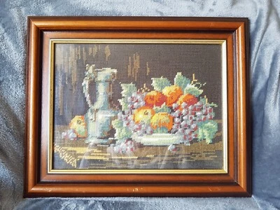 Vintage Still Life Tapestry Fruit & Jug Cross Stitch Finished Piece Framed • £16