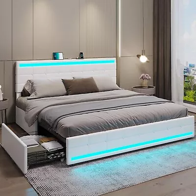 King Size Bed Frame With LED Lights & Storage Drawers White PU Leather Bed • $289.89