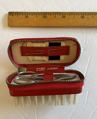 Vintage Red Leather Travel Kit With Clothes Brush Manicure Set & Sewing Kit • $14.95