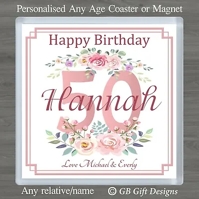 £3.35 • Buy Personalised Floral Birthday Coaster Or Magnet 18 21 30 40 50 60 70 Any Age Gift
