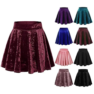 Women's Vintage Velvet Stretchy Skirt Solid High Waist Mini Flared Skater Skirts • $22.74