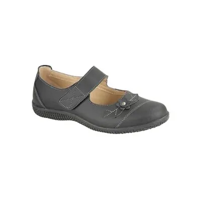 Boulevard Womens Comfy Leather Touch Fasten EEE Wide Fit Mary Jane Shoes Black • £30