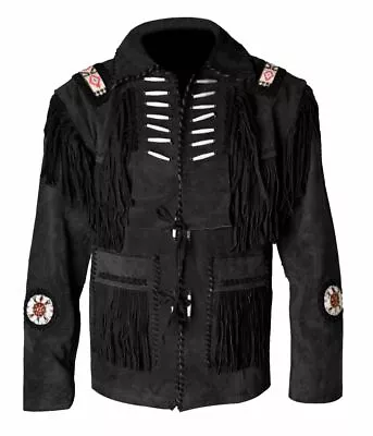 Men Western Style Cowboy Grace Leather Jacket With Fringe Beaded Work-Black • $119.99