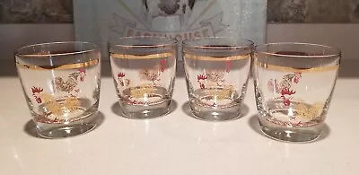 Unique Set 4 Vintage Lowball Glass Gold Rooster Red Comb Wattle Unknown Maker • $49.99