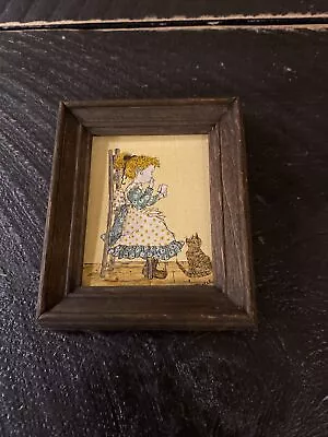 Vintage Small Original Painting Of  Country Girl & Cat Signed & Framed 2x2 OOAK • $14.99