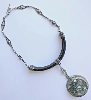 Vintage- Chain-silver-ancient Roman Glass-necklace-jewel-israel-judaica-1950's • $87