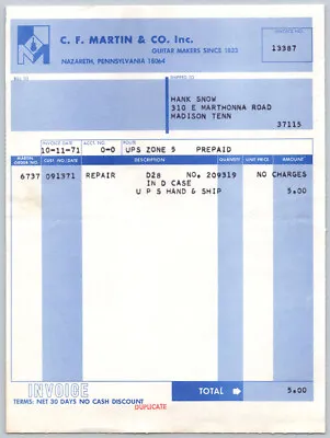 1971 Vintage HANK SNOW Receipt From MARTIN To REPAIR D-28 GUITAR /Grand Ole Opry • $126.37