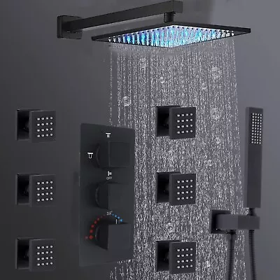 12'' Black Thermostatic LED Shower Faucet Set Massage Rainfall Head Combo System • $179