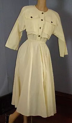 Vintage 80's Pale Yellow COTTON Shirt Dress Full Skirt PHOEBE S M Cropped Top • $25