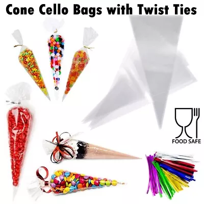 Clear Cellophane Cello Cone Sweet Bags Candy Kid Party Favour Gift Treats Twists • £2.59