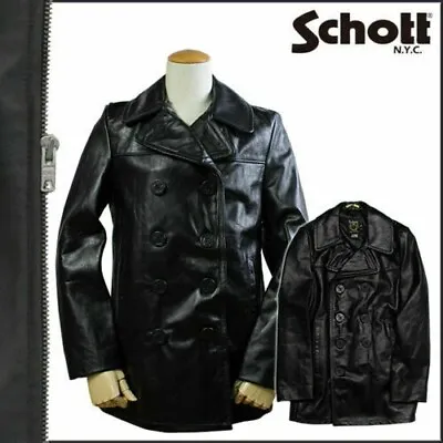 Men's SCHOTT NYC 640F Black Double Breasted Slim Fit Leather Pea Coat Size M • $629.99