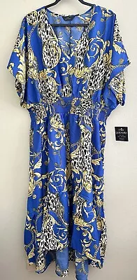 Mlle Gabrielle Woven Peasant Maxi Dress Boho Blue Yellow Chains Floral Plus 3X • $31.99