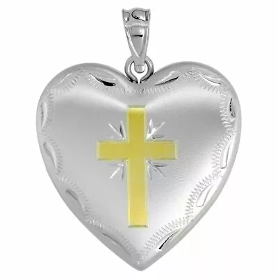 Sterling Silver Gold Cross Heart Locket 1 Inch Necklace With 4 Pictures • $102.70