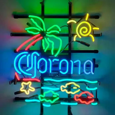 Corona Fish Palm Tree Sun Beach Neon Sign Light Tiki Bar Open Wall Decor 17 X14  • $181.50