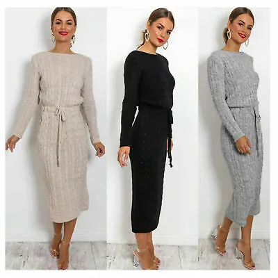 £17.99 • Buy Women's Cable Knitted Jumper Ladies Long Sleeve Tie Up Maxi Midi Dress.