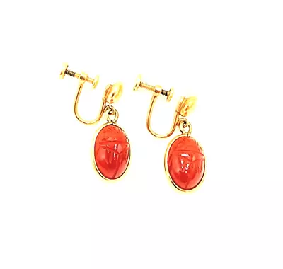Vintage Signed BM Co Red Carnelian Scarab Beetle 1/20 12K GF Screwback Earrings • $29.95