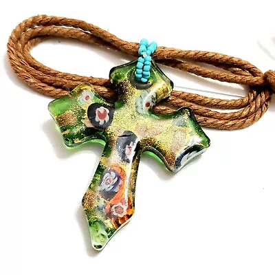 Vintage MURANO GLASS BIG CROSS PENDANT LONG NECKLACE CORD • $20