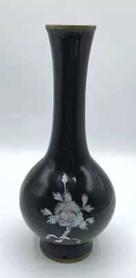 Antique Korean Vase 3.25  X 7.5   Black & Mother Of Pearl Inlay With Brass Rim • $14.99