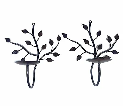 Set Of 2 Metal Wall Sconce Candle Holder Tree Leaves Pillar Candles Brown 13x11” • £19.23