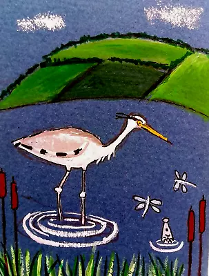 ACEO Original Bird Painting 'Heron In The Gravel Pit'  By AlisonE • £1.99