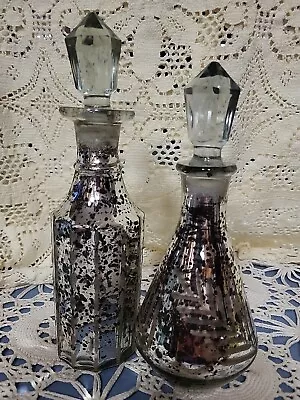 Pair Of Vintage Look Mercury Glass Bottle Set With Cut Crystal Stoppers • $28